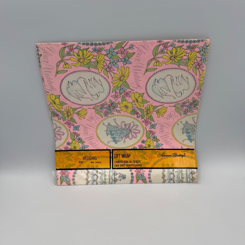 Vintage American Greetings Wedding Gift Wrap 2 Sheets Doves Floral Pink GW 1567C
